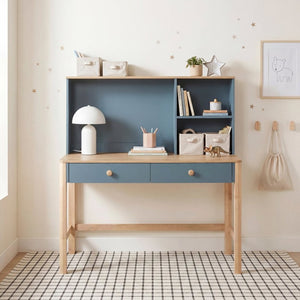 English Elm Writing Desk and Hutch Set Scandinavian Style with Open Shelving Two Drawers B011S04440