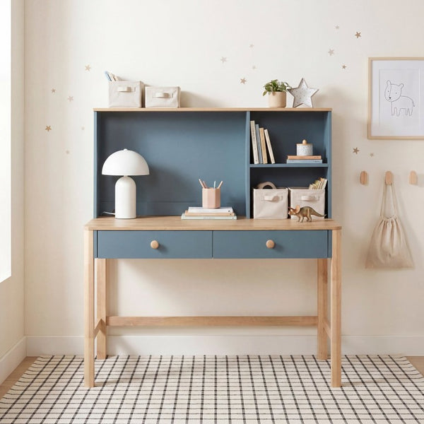 English Elm Writing Desk and Hutch Set Scandinavian Style with Open Shelving Two Drawers B011S04440