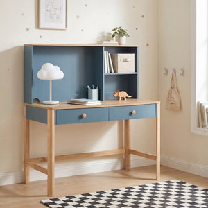 English Elm Writing Desk and Hutch Set Scandinavian Style with Open Shelving Two Drawers B011S04440