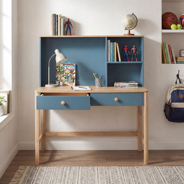 English Elm Writing Desk and Hutch Set Scandinavian Style with Open Shelving Two Drawers B011S04440