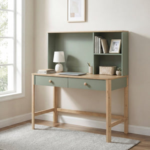 English Elm Writing Desk and Hutch Set Scandinavian Two Tone Natural Wood Home Office Green With Hutch 2 Pc Set B011S04441