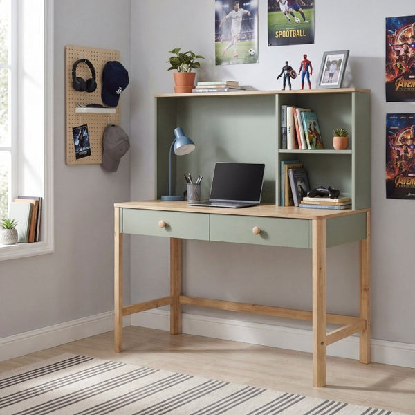 English Elm Writing Desk and Hutch Set Scandinavian Two Tone Natural Wood Home Office Green With Hutch 2 Pc Set B011S04441