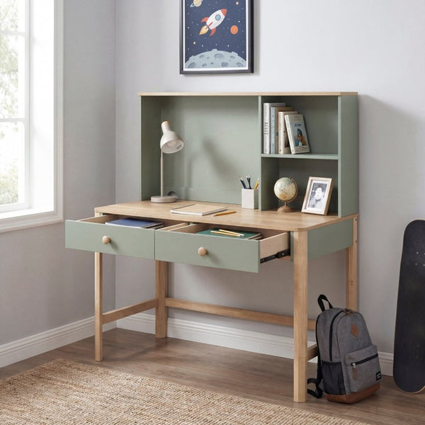 English Elm Writing Desk and Hutch Set Scandinavian Two Tone Natural Wood Home Office Green With Hutch 2 Pc Set B011S04441