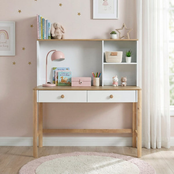 English Elm Writing Desk and Hutch Set Scandinavian Two Tone Natural Wood Home Office White With Hutch 2 Pc Set B011S04442