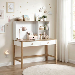 English Elm Writing Desk and Hutch Set Scandinavian Two Tone Natural Wood Home Office White With Hutch 2 Pc Set B011S04442