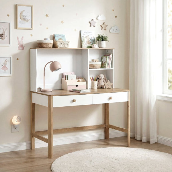 English Elm Writing Desk and Hutch Set Scandinavian Two Tone Natural Wood Home Office White With Hutch 2 Pc Set B011S04442