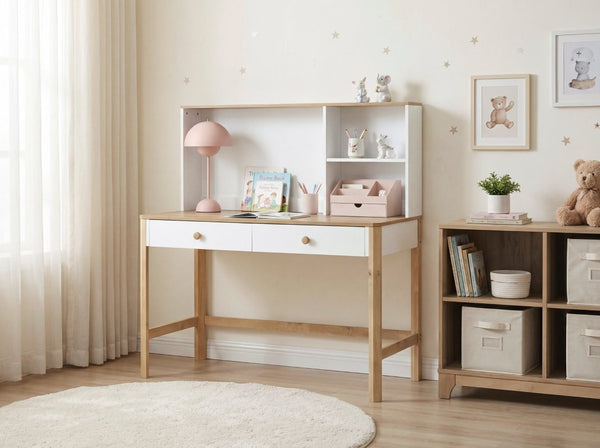 English Elm Writing Desk and Hutch Set Scandinavian Two Tone Natural Wood Home Office White With Hutch 2 Pc Set B011S04442