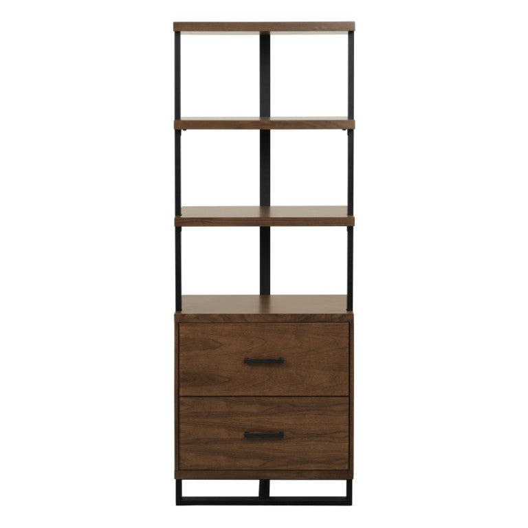 English Elm Side Pier with Walnut Veneer Open Shelves and Industrial Black Metal Frame Side Pier B011S04443