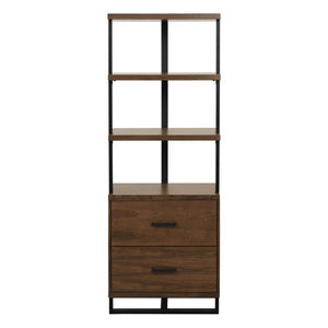 English Elm Side Pier with Walnut Veneer Open Shelves and Industrial Black Metal Frame Side Pier B011S04443