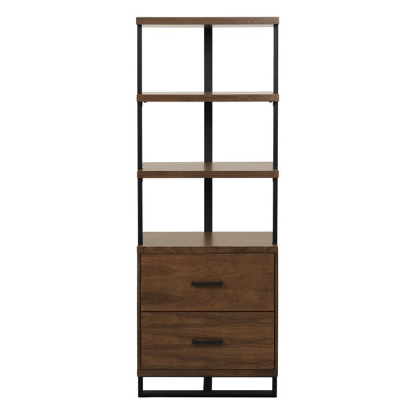 English Elm Side Pier with Walnut Veneer Open Shelves and Industrial Black Metal Frame Side Pier B011S04443