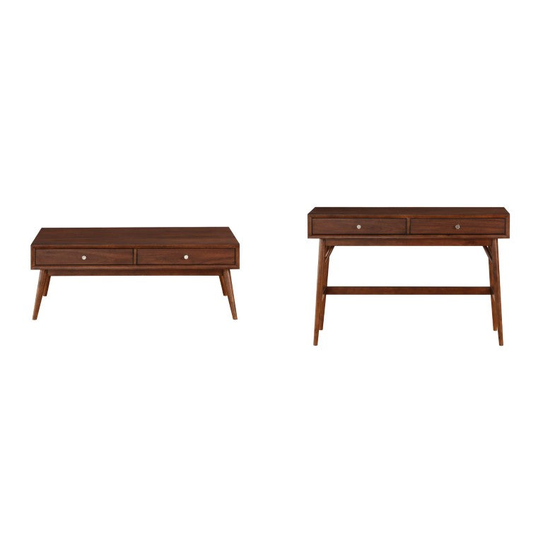English Elm Cocktail and Sofa Table 2 Piece Set Mid Century Walnut Veneer with Nickel Hardware B011S04449