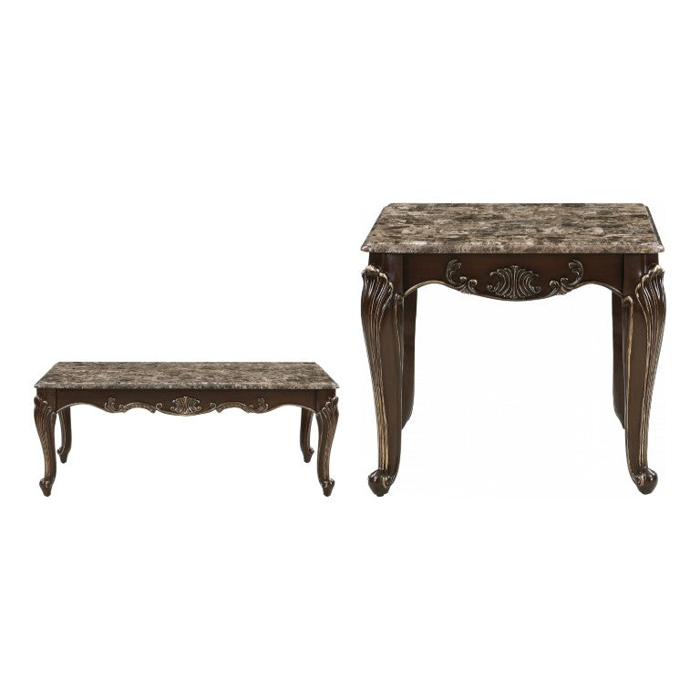 English Elm Cocktail and End Table 2 Piece Set with Marble Tops Gold Tipped Cabriole Legs B011S04456