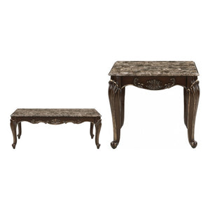 English Elm Cocktail and End Table 2 Piece Set with Marble Tops Gold Tipped Cabriole Legs B011S04456