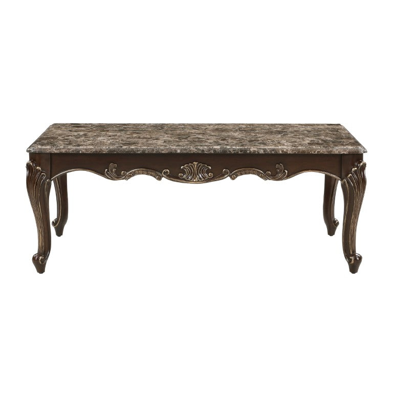 English Elm Cocktail and End Table 2 Piece Set with Marble Tops Gold Tipped Cabriole Legs B011S04456