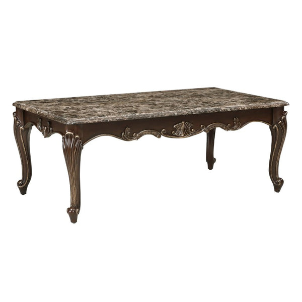 English Elm Cocktail and End Table 2 Piece Set with Marble Tops Gold Tipped Cabriole Legs B011S04456