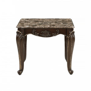 English Elm Cocktail and End Table 2 Piece Set with Marble Tops Gold Tipped Cabriole Legs B011S04456