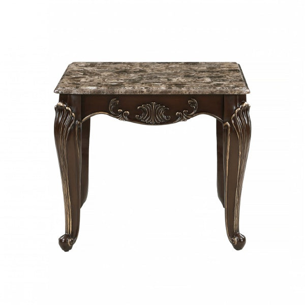English Elm Cocktail and End Table 2 Piece Set with Marble Tops Gold Tipped Cabriole Legs B011S04456