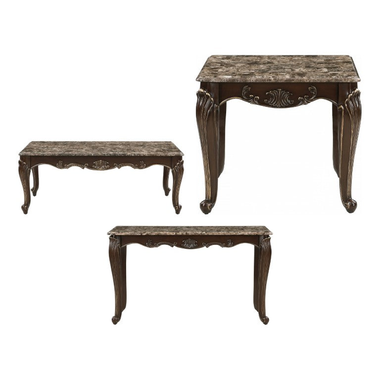 English Elm Cocktail End and Sofa 3 Piece Set with Marble Tops Cabriole Legs Cherry Finish B011S04459