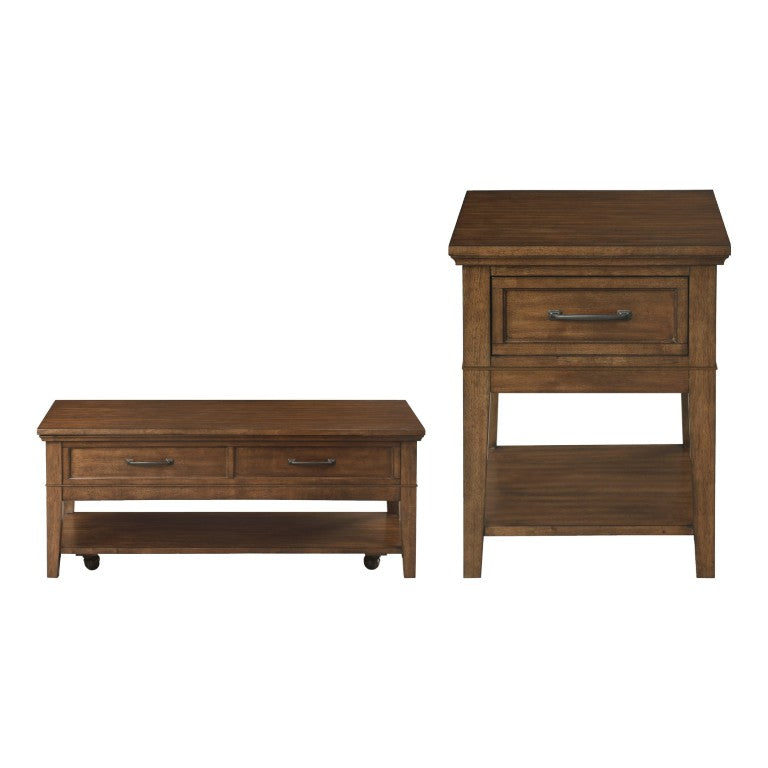 English Elm Cocktail and End Table Set Birch Veneer Walnut Finish with Casters for Living Rooms B011S04476