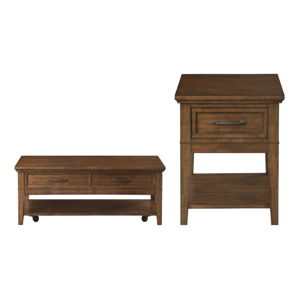 English Elm Cocktail and End Table Set with Walnut Finish Drawers Shelves and Rolling Casters B011S04477