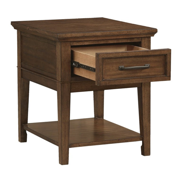 English Elm Cocktail and End Table Set with Walnut Finish Drawers Shelves and Rolling Casters B011S04477
