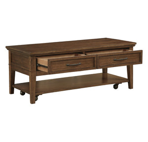 English Elm Cocktail and End Table Set with Walnut Finish Drawers Shelves and Rolling Casters B011S04477