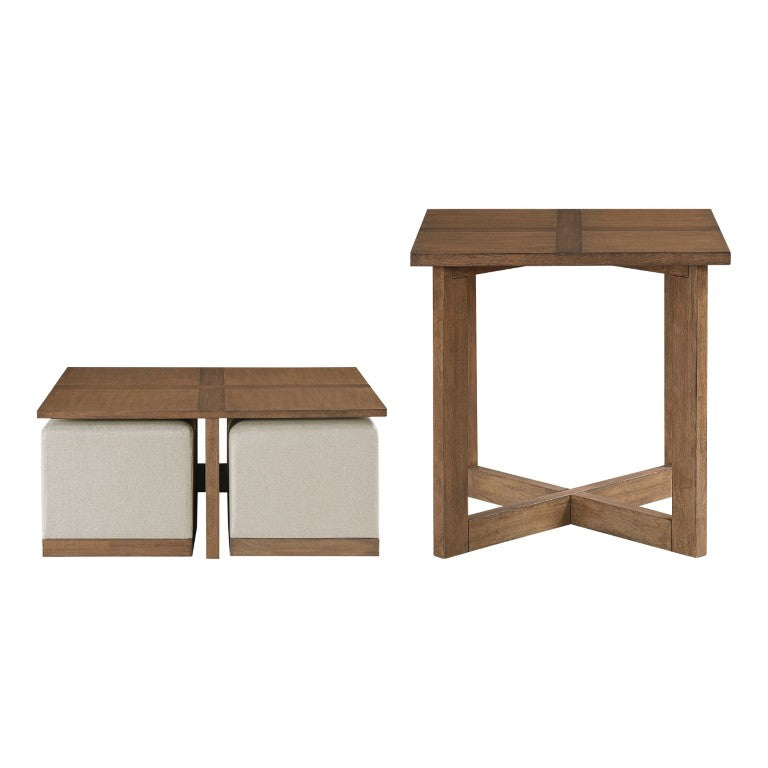 English Elm Cocktail and End Table Set with Hidden Stools Maple Walnut Veneer Living Room B011S04489