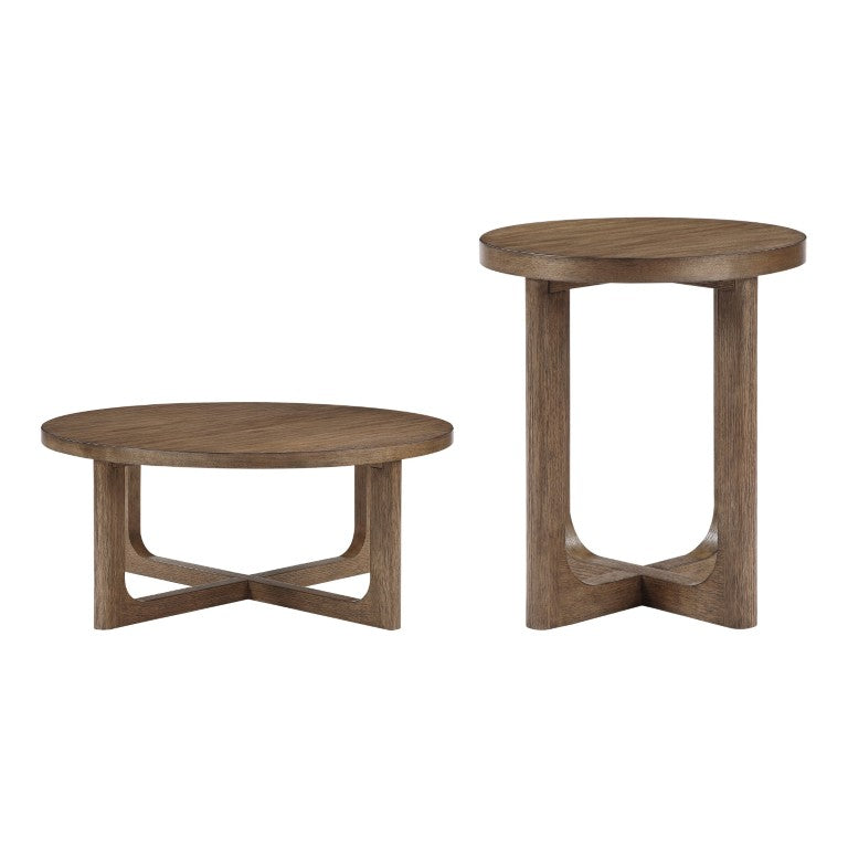 English Elm Cocktail and End Table Set Walnut Veneer X-Base Round Design for Modern Living Rooms B011S04491
