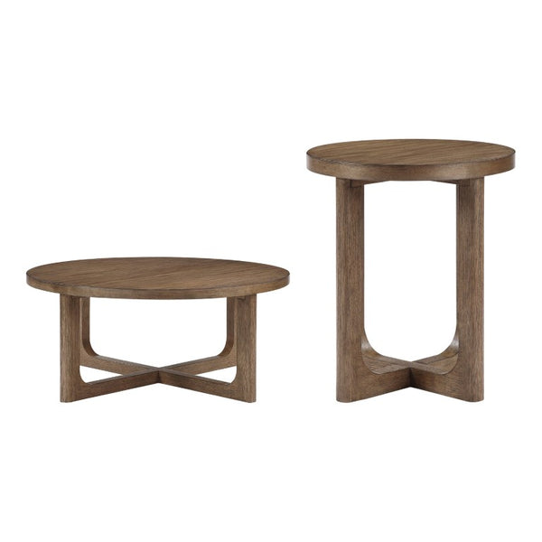 English Elm Cocktail and End Table Set Walnut Veneer X-Base Round Design for Modern Living Rooms B011S04491
