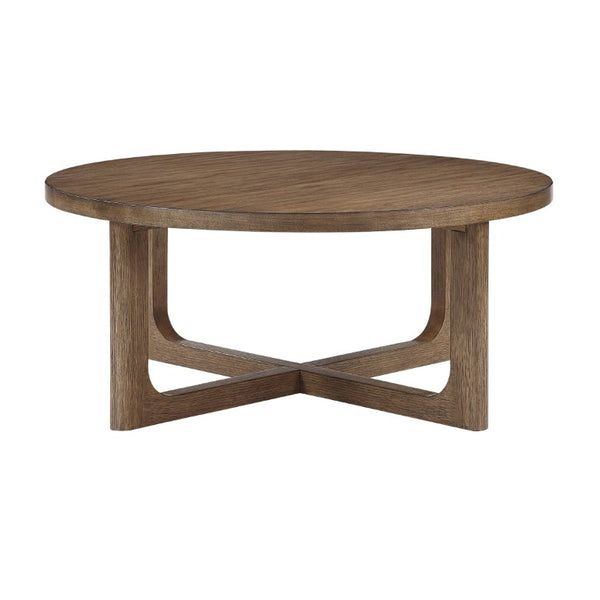 English Elm Cocktail and End Table Set Walnut Veneer X-Base Round Design for Modern Living Rooms B011S04491