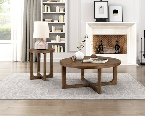 English Elm Cocktail and End Table Set Walnut Veneer X-Base Round Design for Modern Living Rooms B011S04491