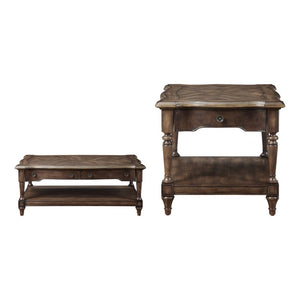 English Elm Cocktail and End Table Set with Sunburst Oak Veneer Turned Legs and Bronze Knob Hardware B011S04494