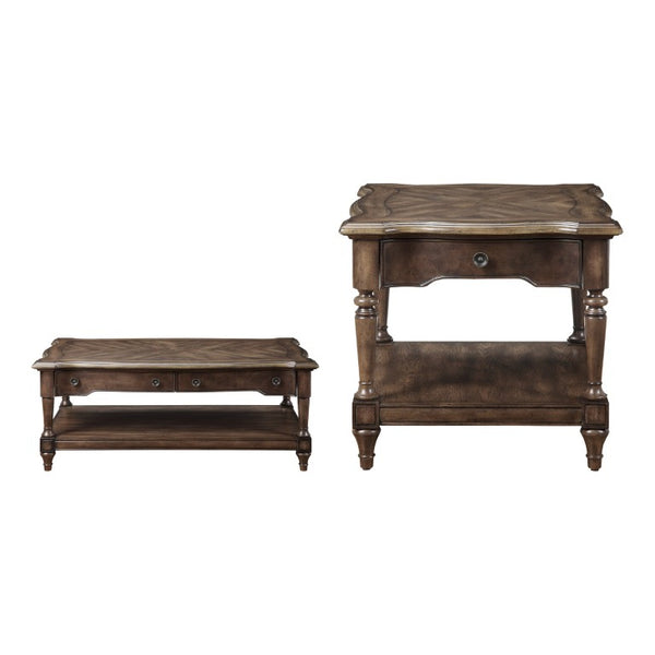 English Elm Cocktail and End Table Set with Sunburst Oak Veneer Turned Legs and Bronze Knob Hardware B011S04494