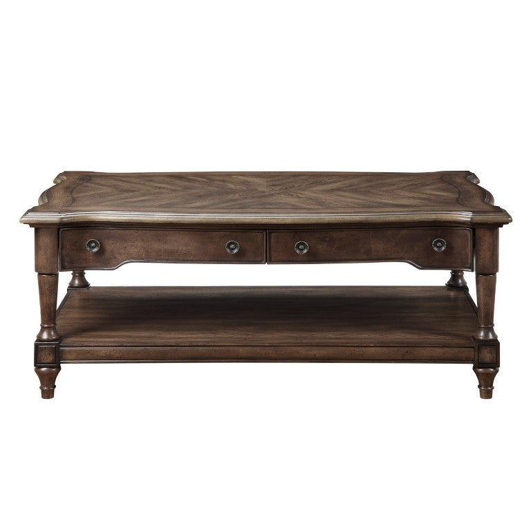English Elm Cocktail and End Table Set with Sunburst Oak Veneer Turned Legs and Bronze Knob Hardware B011S04494