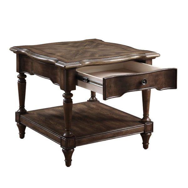 English Elm Cocktail and End Table Set with Sunburst Oak Veneer Turned Legs and Bronze Knob Hardware B011S04494