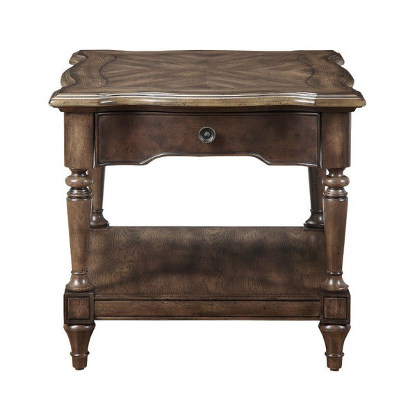 English Elm Cocktail and End Table Set with Sunburst Oak Veneer Turned Legs and Bronze Knob Hardware B011S04494