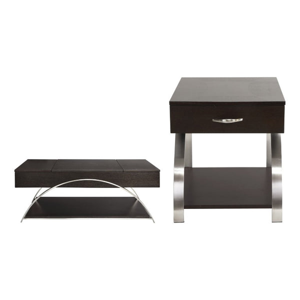 English Elm Cocktail and End Table Set with Lift Top Espresso Veneer Brushed Chrome Base B011S04495