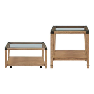 English Elm Cocktail and End Table Set with Tempered Glass Tops Hickory Veneer Industrial Accents B011S04500