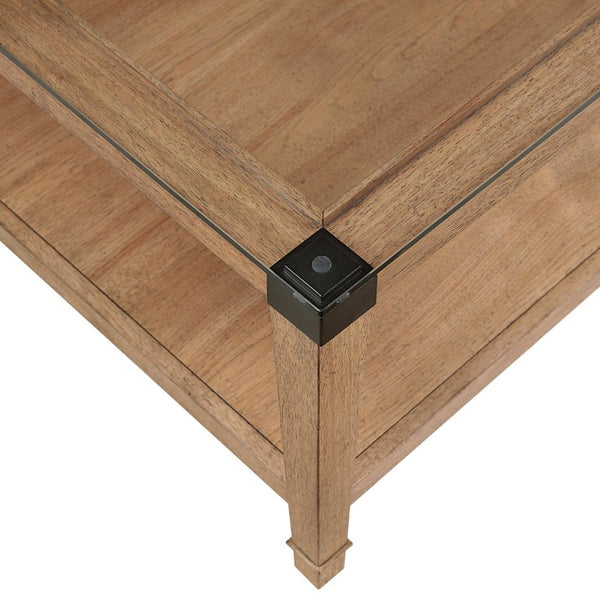 English Elm Cocktail and End Table Set with Tempered Glass Tops Hickory Veneer Industrial Accents B011S04500