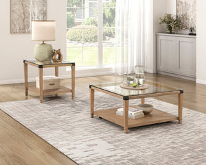 English Elm Cocktail and End Table Set with Tempered Glass Tops Hickory Veneer Industrial Accents B011S04500