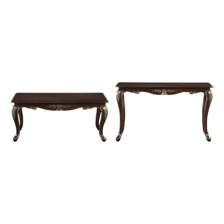 English Elm Cocktail and Sofa Table Set Traditional Birch Veneer with Gold Tipped Carved Accents B011S04502