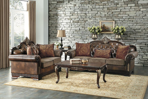 English Elm Cocktail and Sofa Table Set Traditional Birch Veneer with Gold Tipped Carved Accents B011S04502
