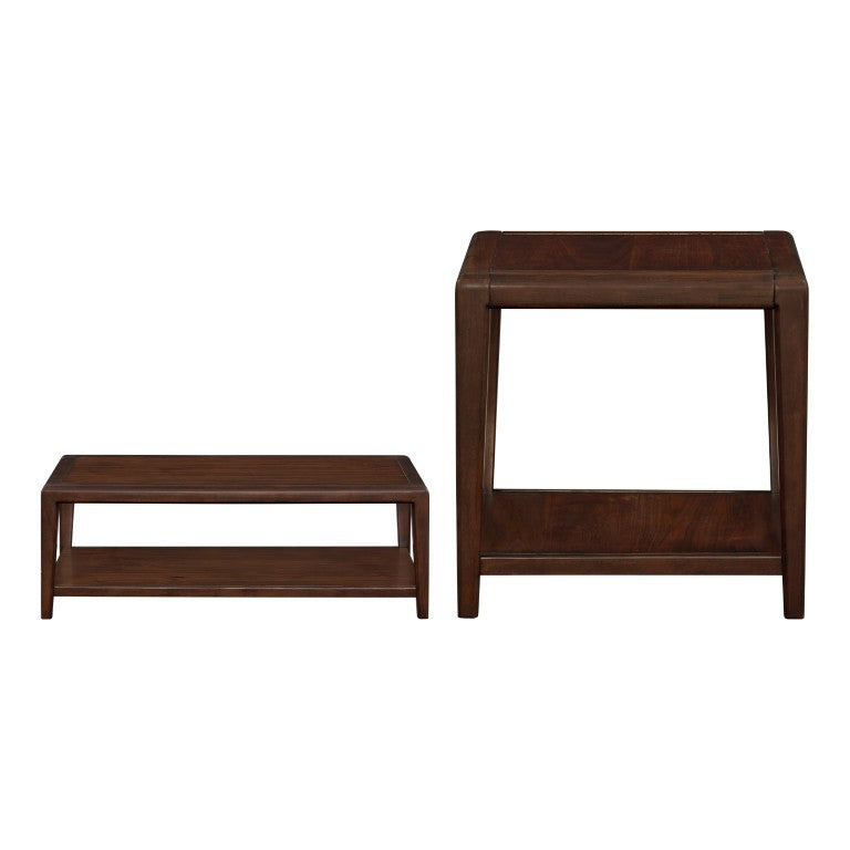 English Elm Cocktail and End Table Set with Walnut Veneer Open Shelves Mid-Century Modern Living Room B011S04506