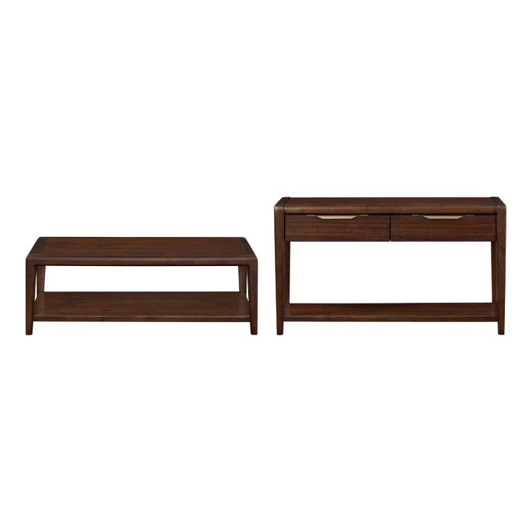 English Elm Cocktail and Sofa Table Set Mid-Century Walnut Veneer with Brass Accents for Living Room B011S04507