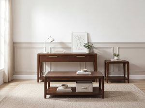 English Elm Cocktail and Sofa Table Set Mid-Century Walnut Veneer with Brass Accents for Living Room B011S04507