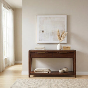 English Elm Cocktail and Sofa Table Set Mid-Century Walnut Veneer with Brass Accents for Living Room B011S04507