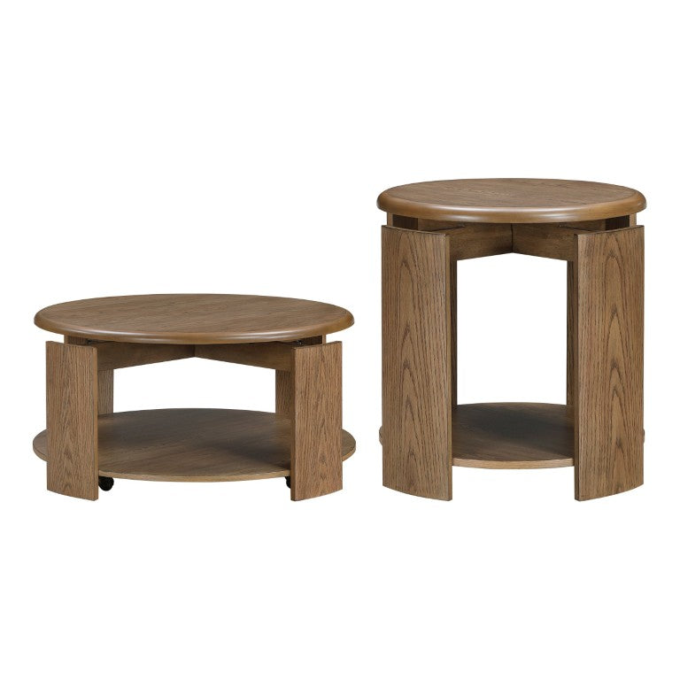 English Elm Cocktail Table and End 3 Piece Set Oak Veneer with Swivel Top Open Shelving B011S04512