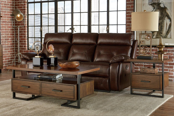 English Elm Cocktail and End Table Set Walnut Veneer with Metal Frame Transitional Living Room Duo B011S04514