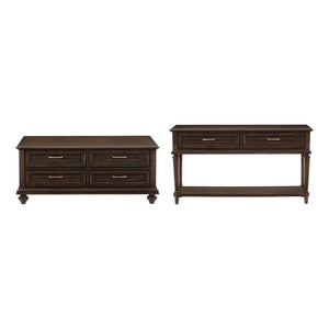 English Elm Cocktail and Sofa Table Set Reclaimed Wood Look with Drawers and Rolling Casters B011S04527