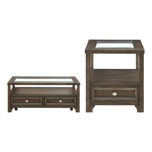 English Elm Cocktail and End Table Set with Birch Veneer Glass Tops and Satin Nickel Hardware Charcoal Brown B011S04530